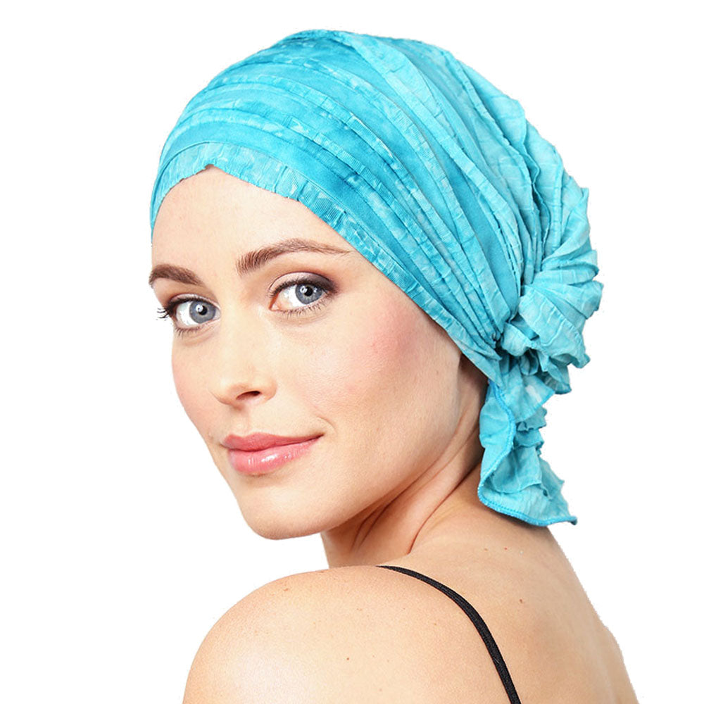 MOLLY CHEMOBEANIES® chemo beanie, light blue ruched pleats with ruffle