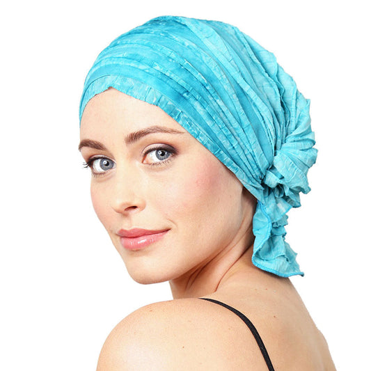 MOLLY CHEMOBEANIES® chemo beanie, light blue ruched pleats with ruffle