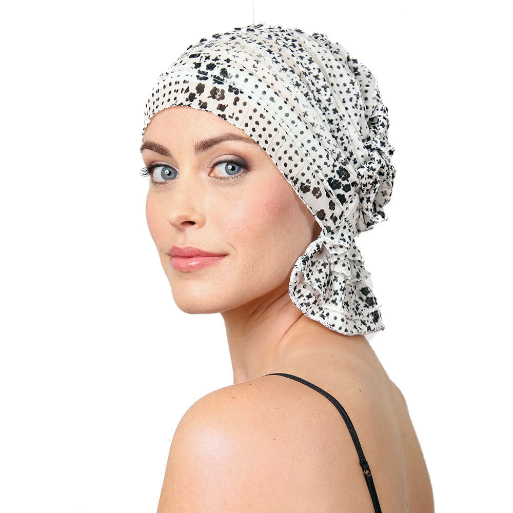 Speckled chemo beanie with tied side scarf, white with dark dot pattern