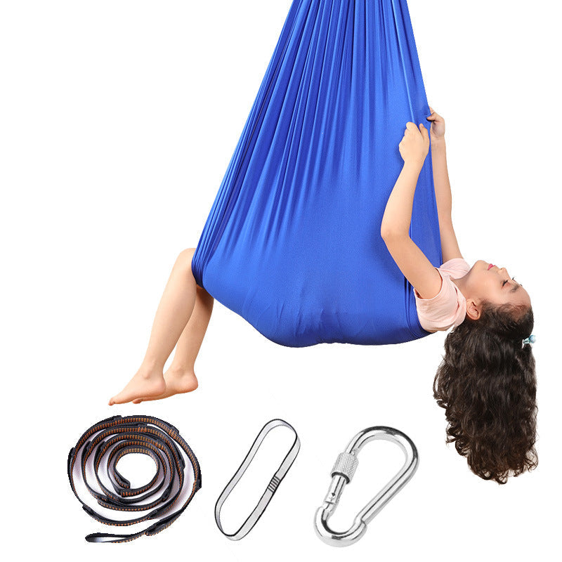 Hanging hammock swing chair in royal blue with included rope, straps, and carabiners.