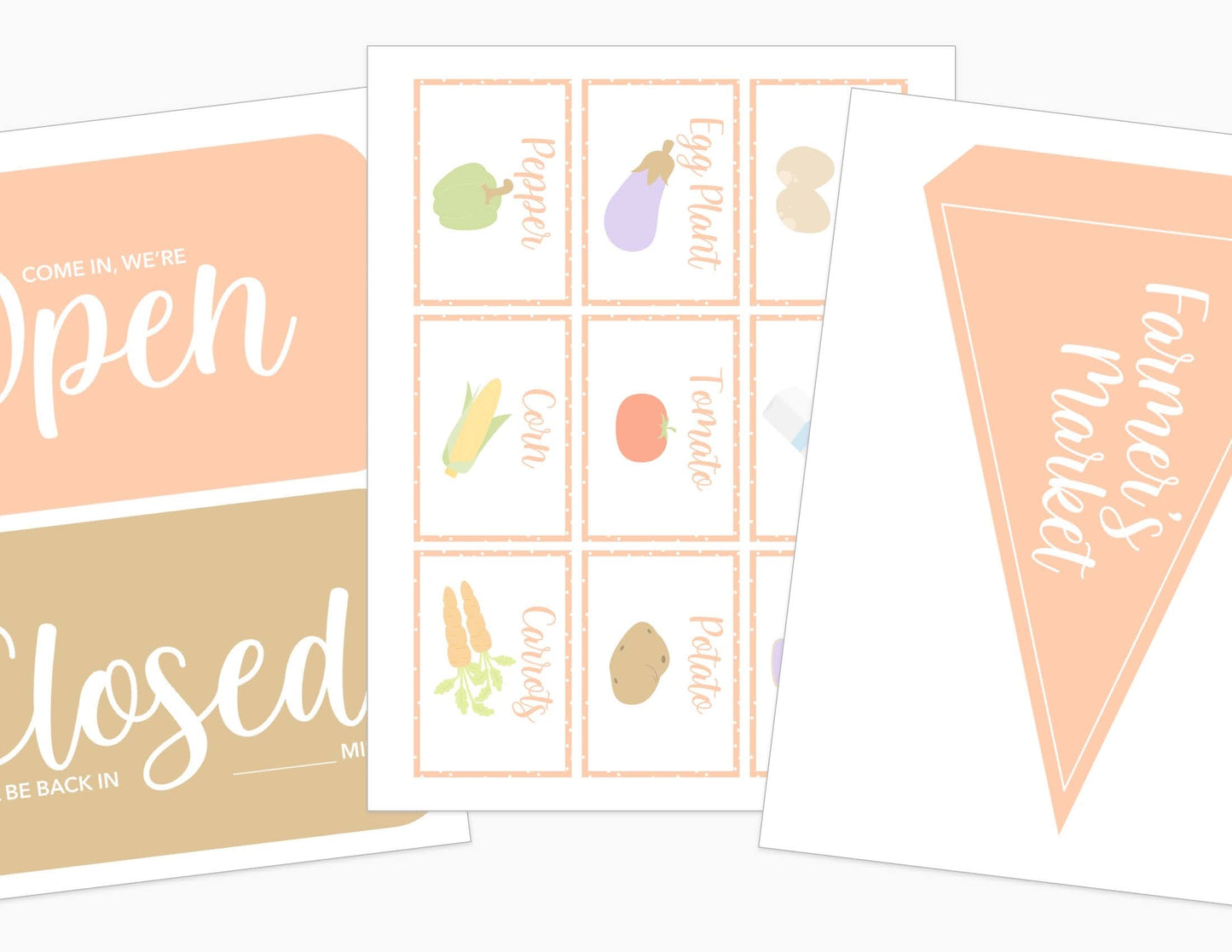Printable play signs set with Open and Closed placards and food label cards
