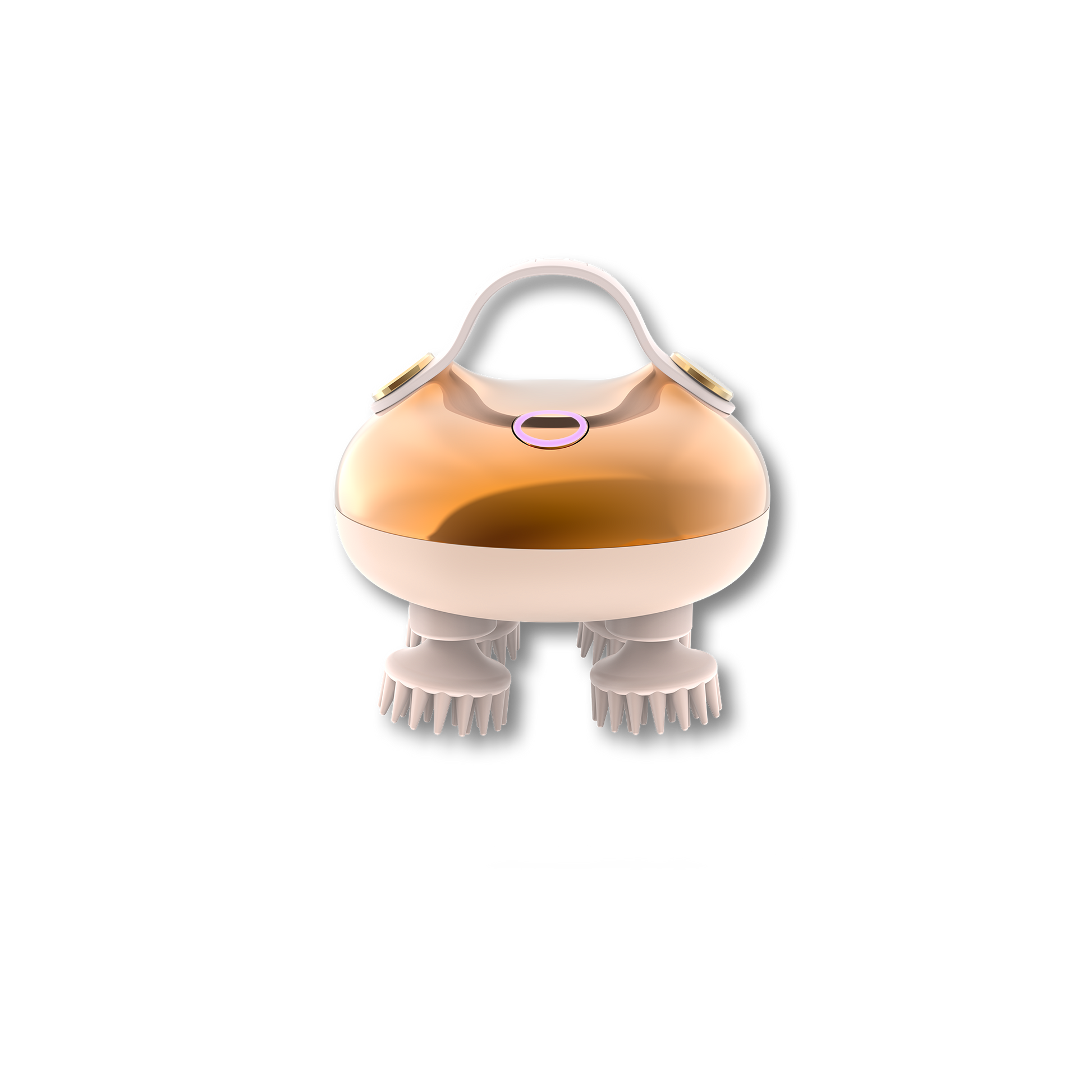 Gold scalp massager with oval light detail, curved handle, and white bristle pads