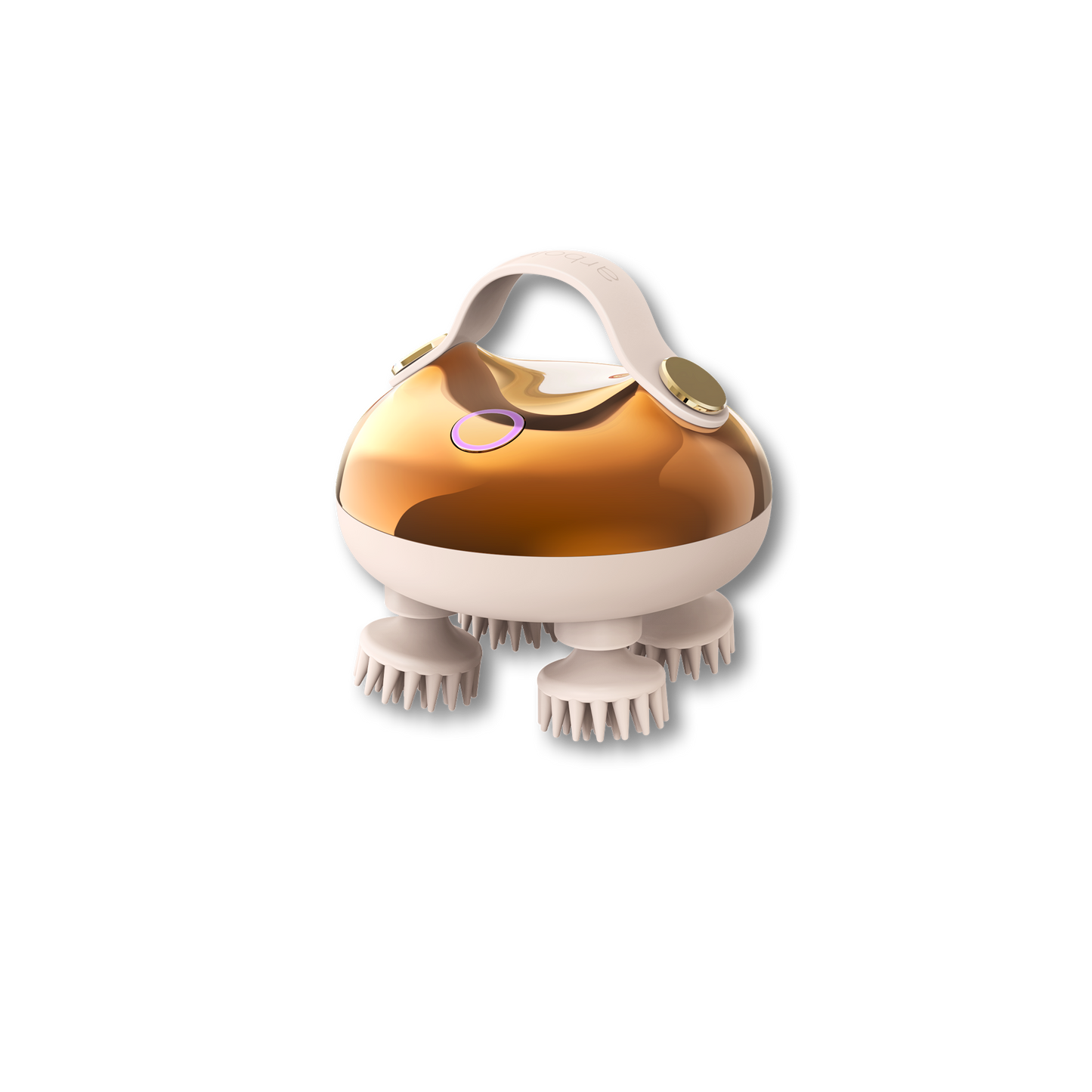 Gold scalp massager with white bristles, curved handle, and small top button