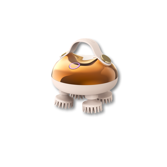 Gold scalp massager with white bristles, curved handle, and small top button