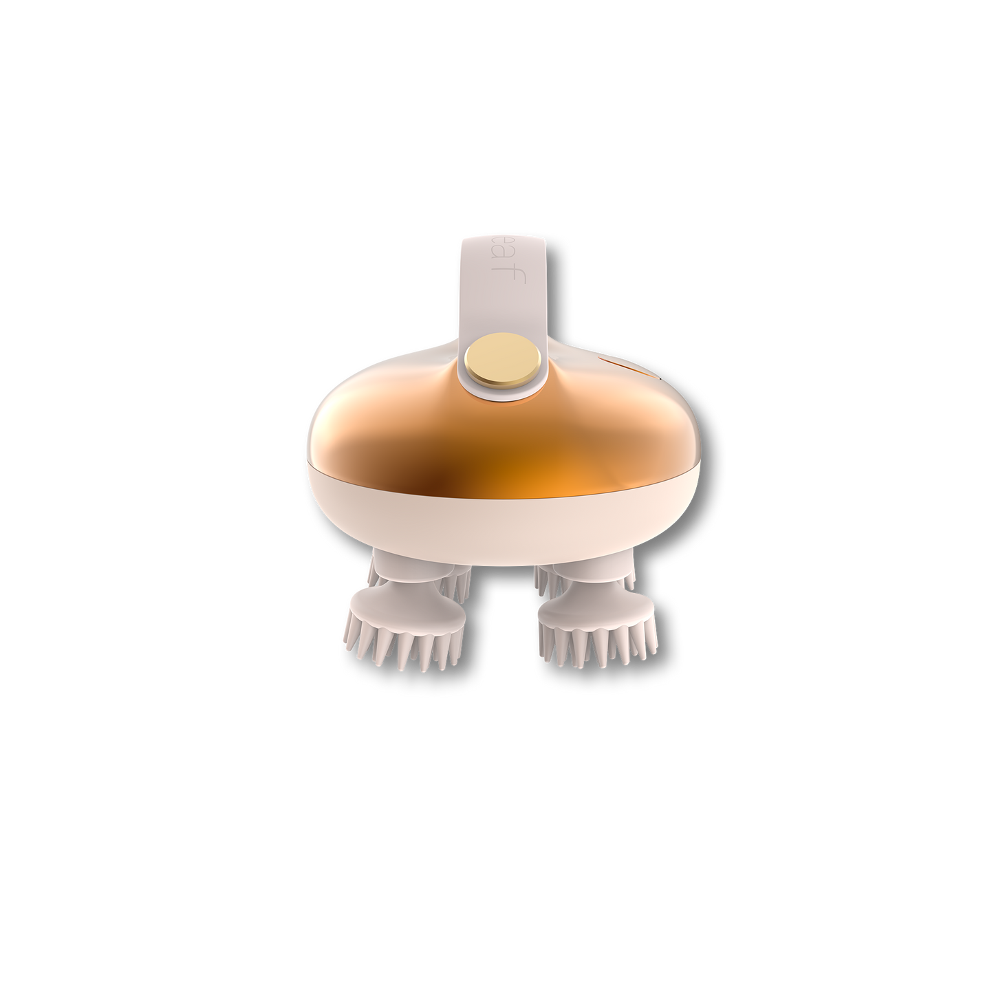 Gold scalp massager with two rows of white bristles and a circular top power button