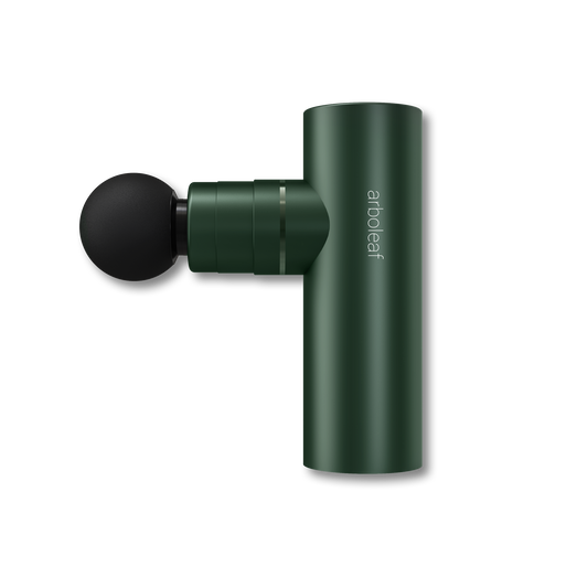 Abrodea massage gun in dark green with round massage head and cylindrical grip