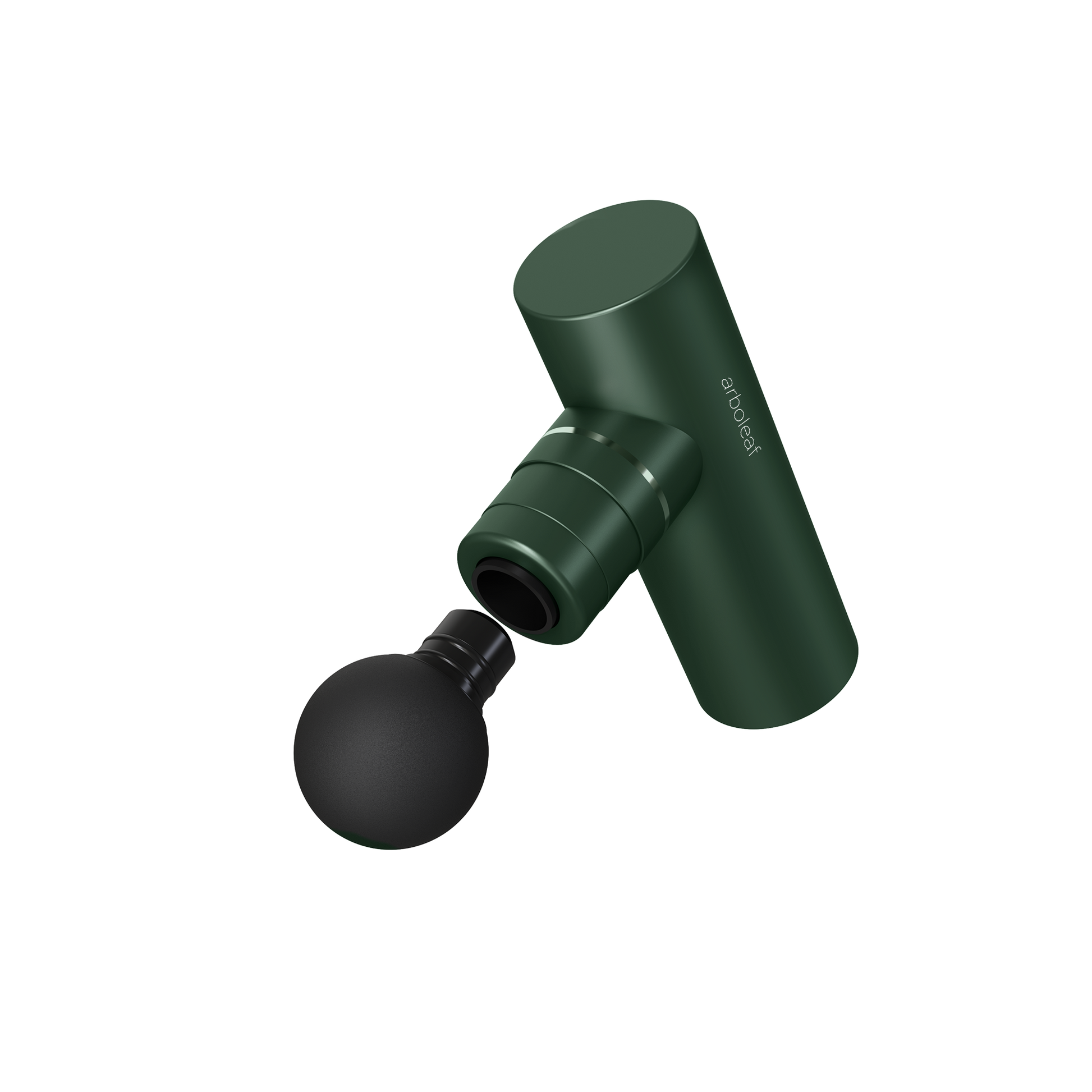 Dark green massage gun with angled flat head and round massage attachment