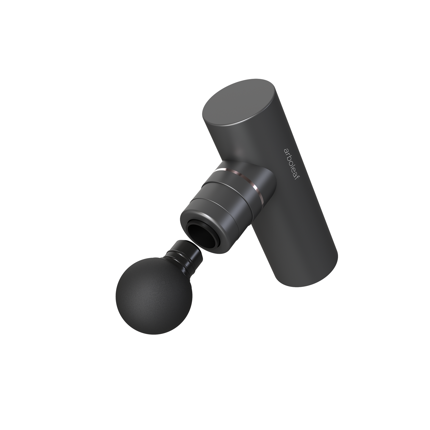 Dark gray massage gun with angled flat head and round massage attachment