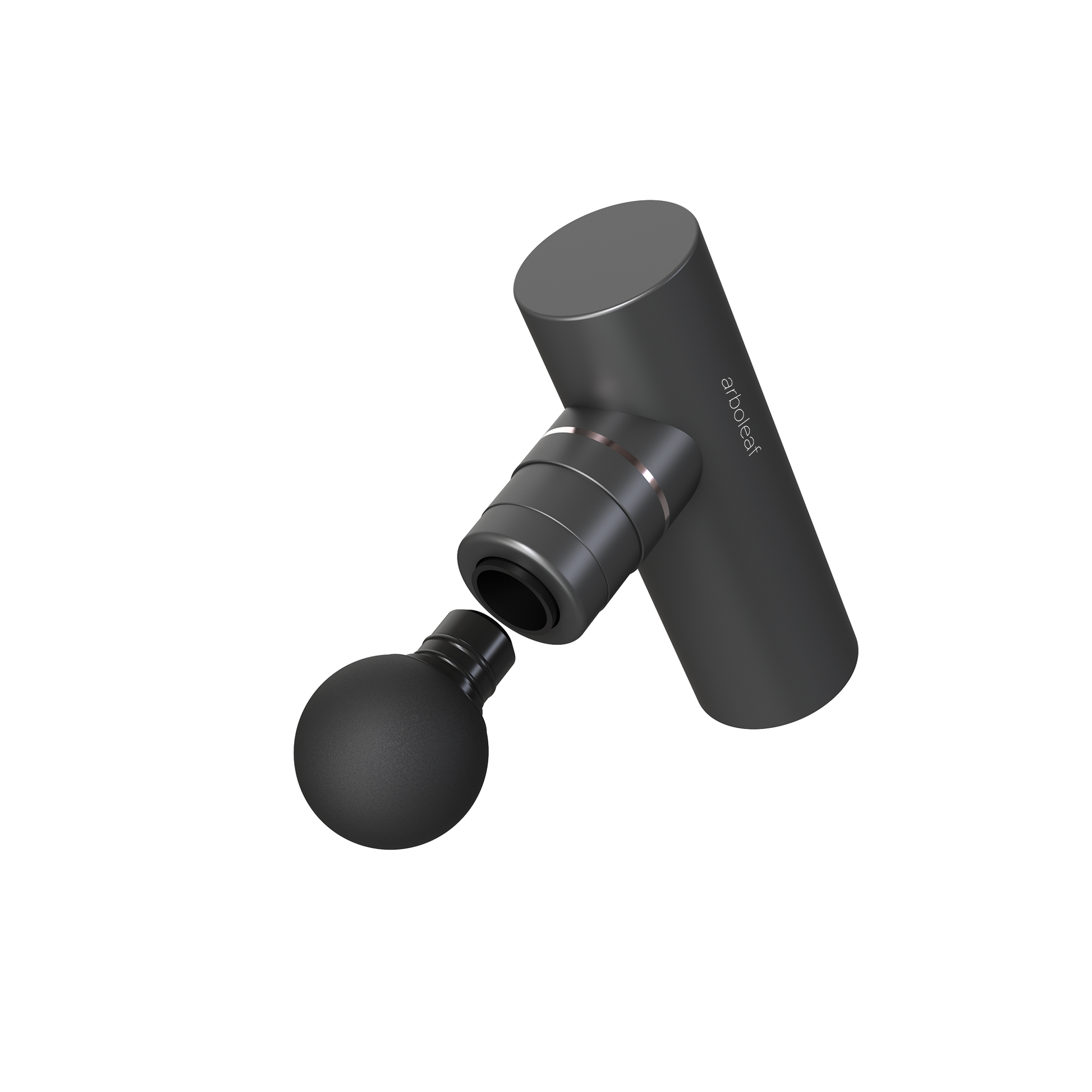 Dark gray massage gun with angled flat head and round massage attachment
