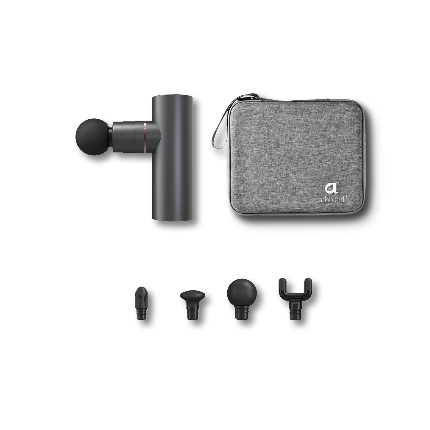Massage gun kit with gray case and four attachment heads