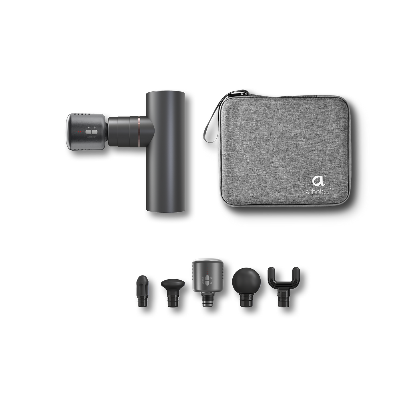 Massage gun kit with gray case and five-part attachment set