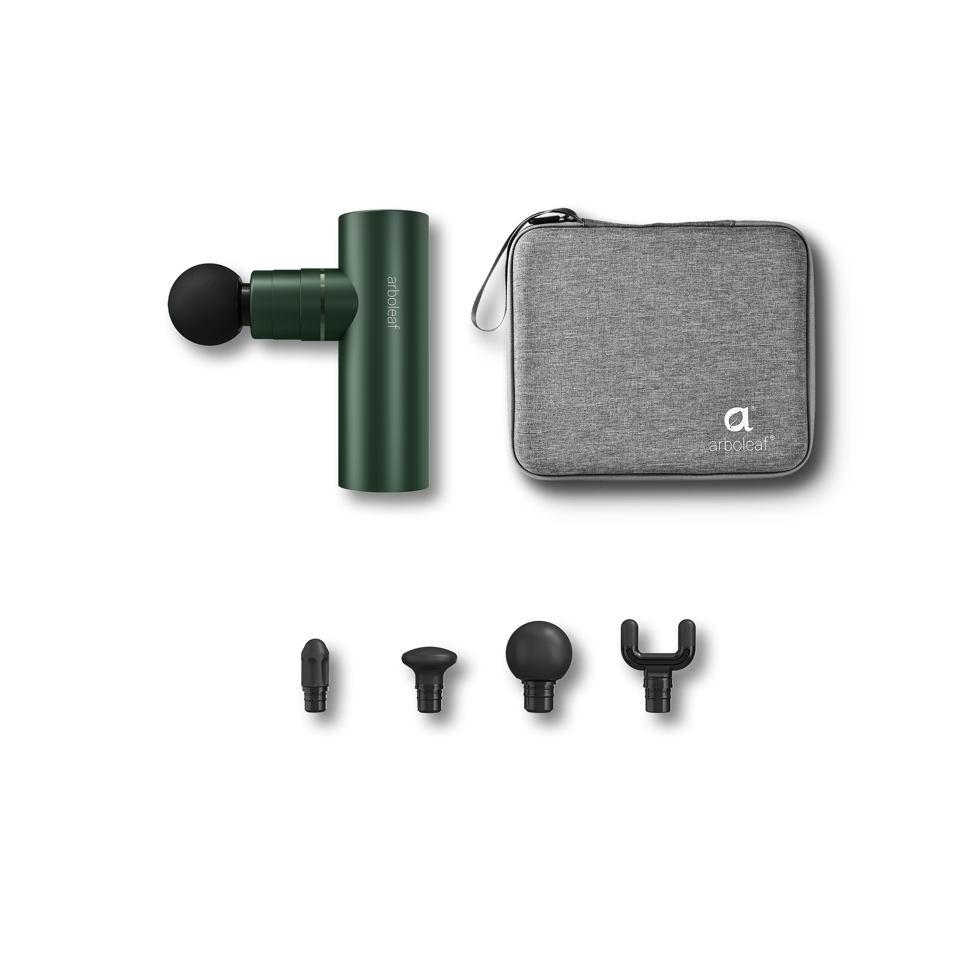 Dark green massage gun kit with gray case and four attachment heads