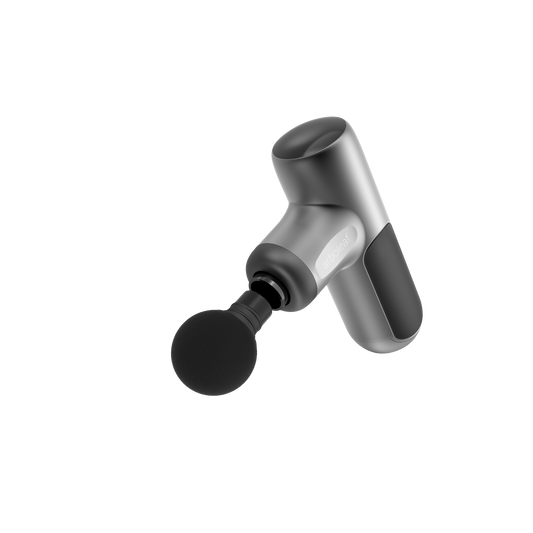 Handheld percussion massager with curved head housing and round black attachment