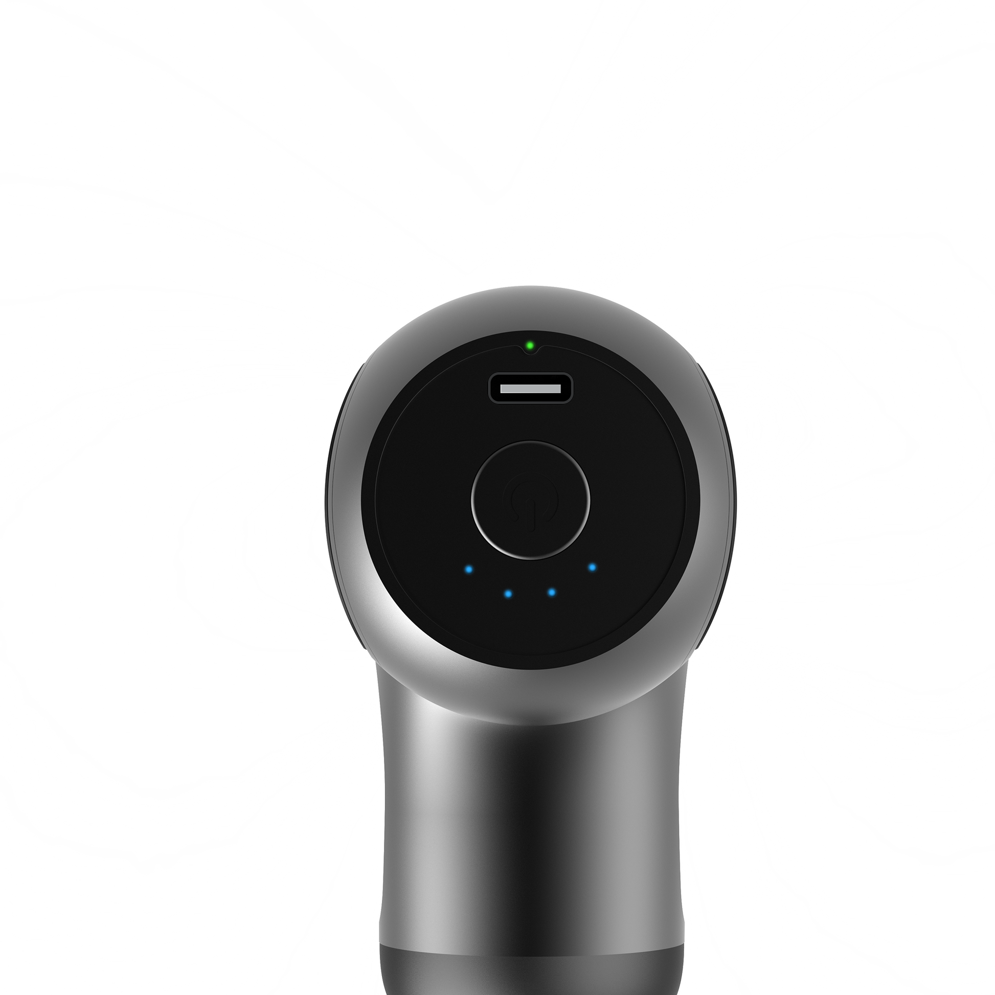 Handheld massager with round control panel and LED indicators on the handle