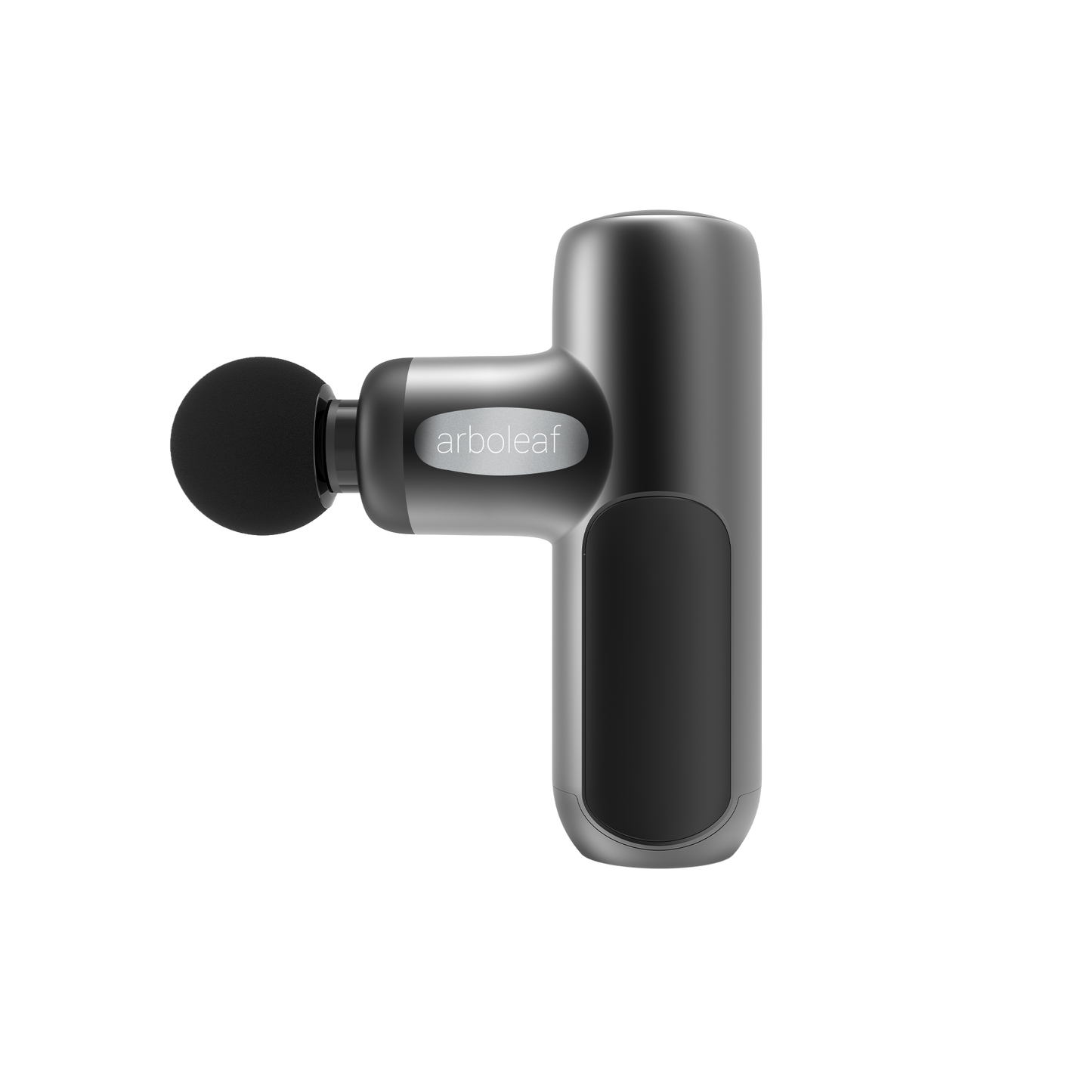 Handheld percussion massager with round black massage head and arbol eaf logo