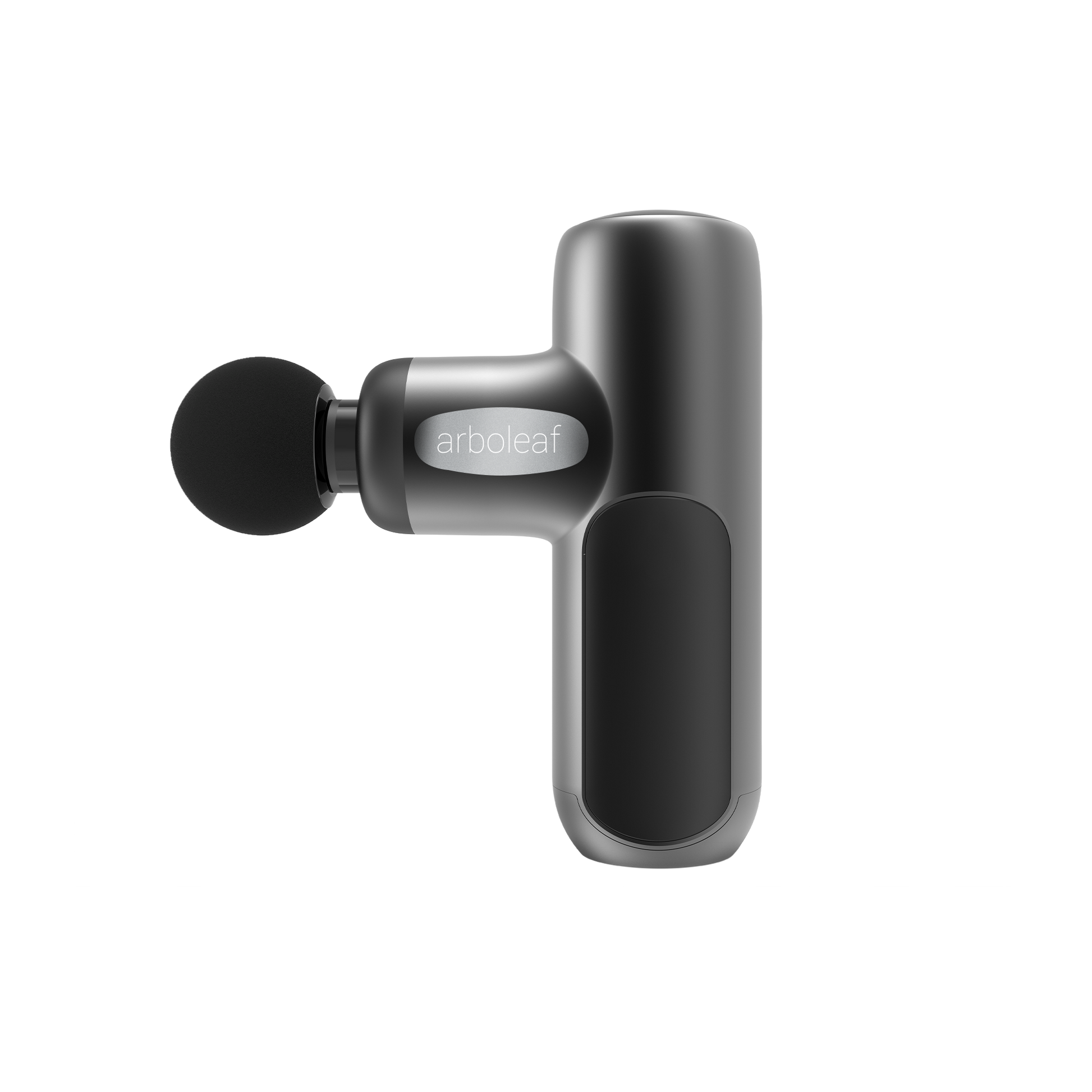 Handheld percussion massager with round black massage head and arbol eaf logo