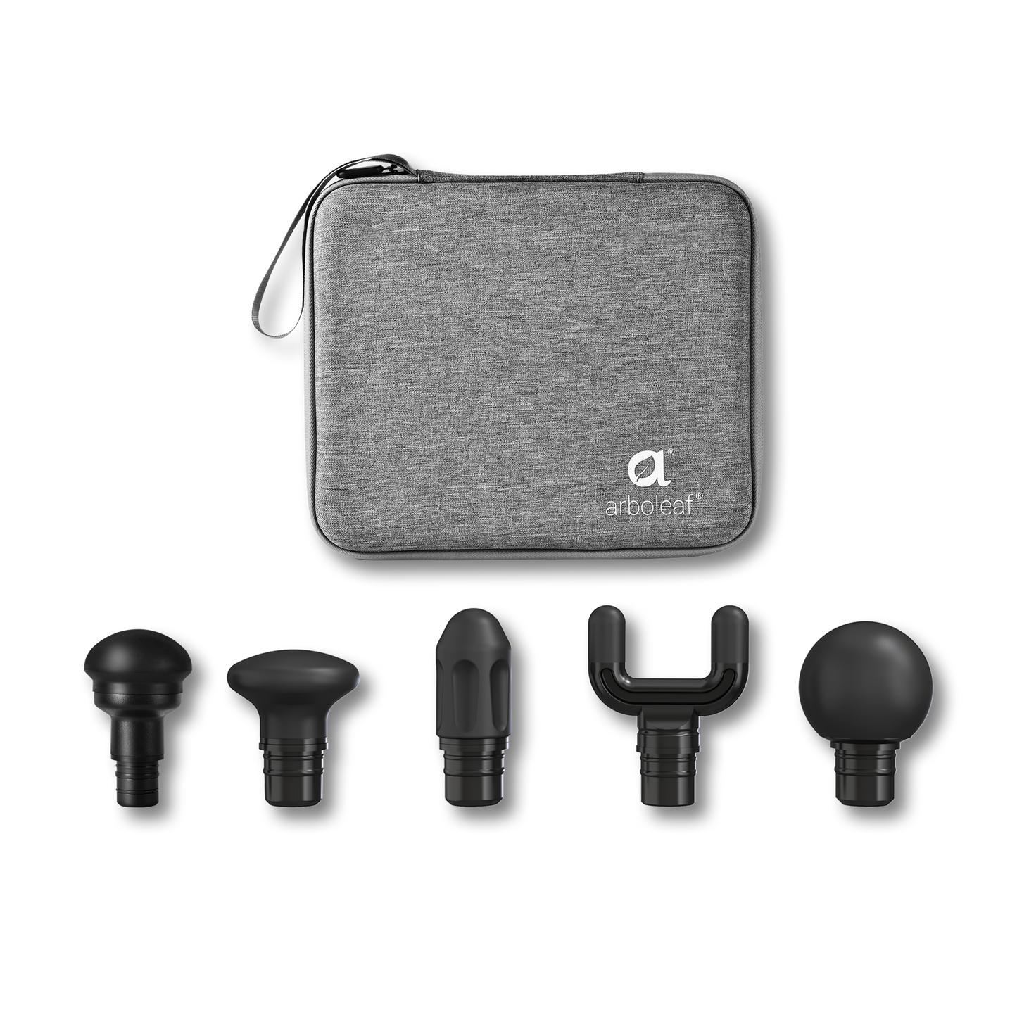 Gray travel pouch with arbol eaf logo and five interchangeable massage heads