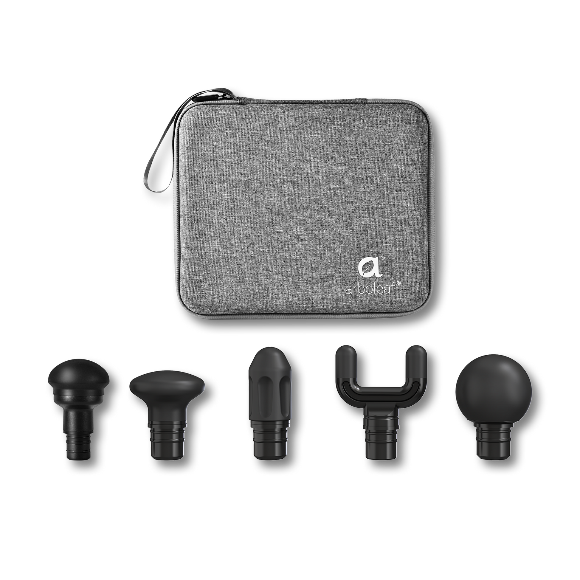 Gray travel pouch with arbol eaf logo and five interchangeable massage heads