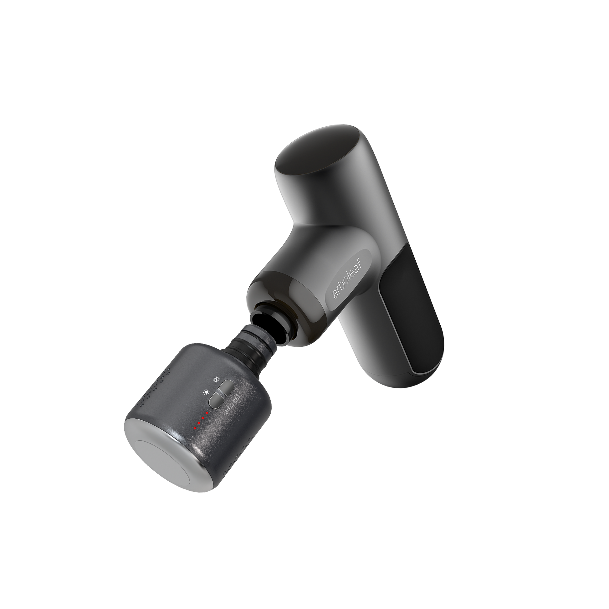 Handheld percussion massager with cylindrical handle and black head attachments