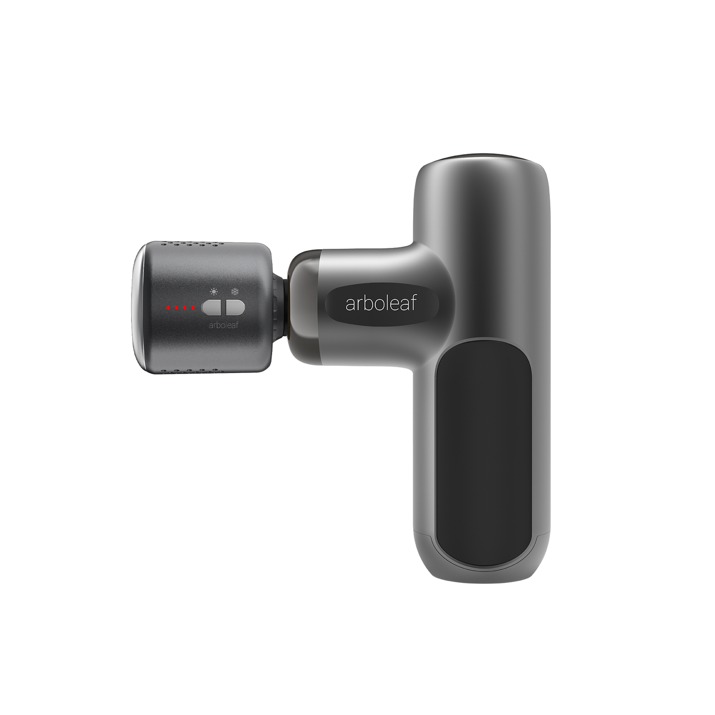Percussion massager with compact battery module and round black massage head