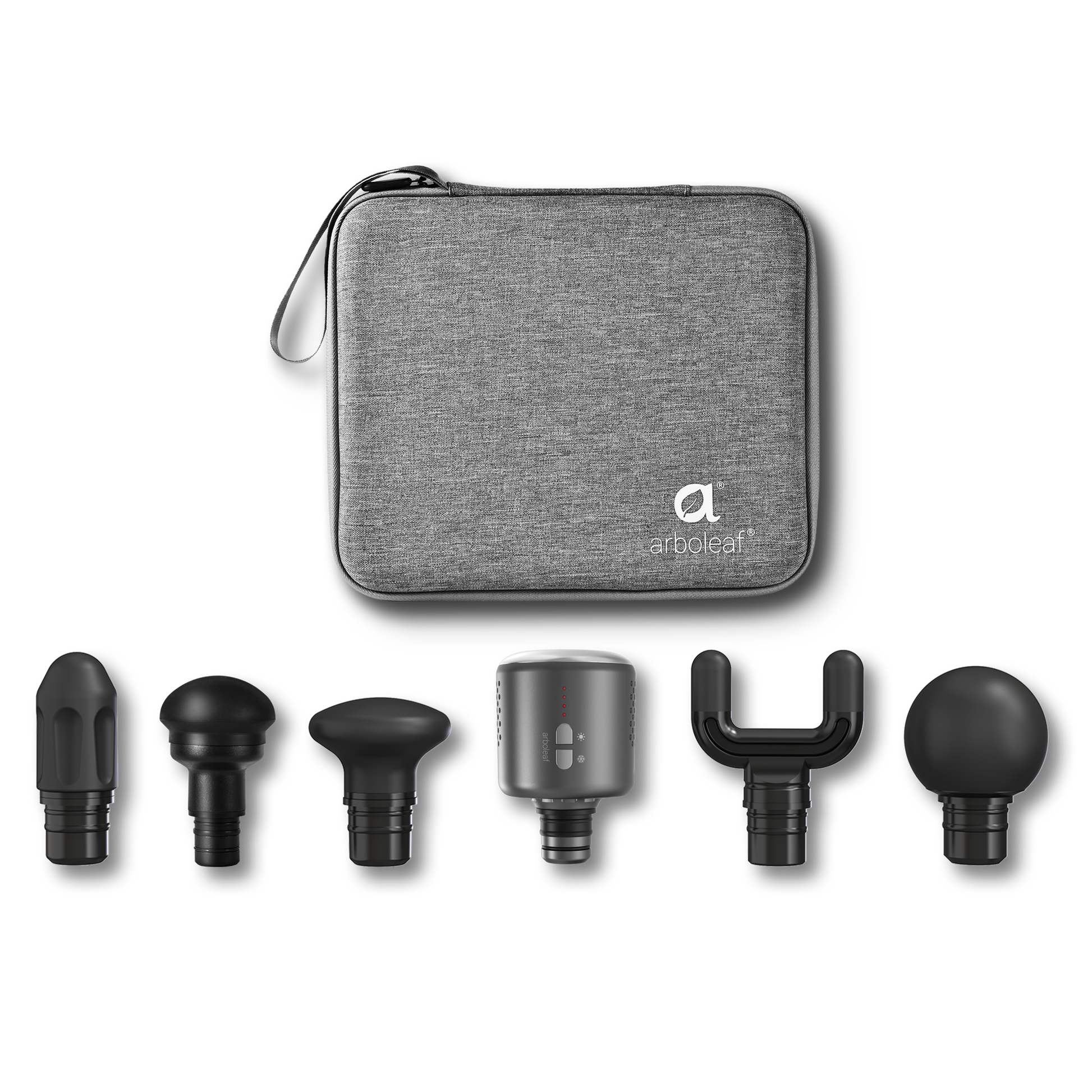 Travel kit with gray pouch, multiple massage heads, and compact device unit