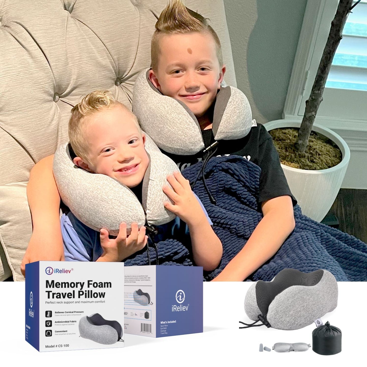 Gray U-shaped memory foam travel pillow with neck support and adjustable strap