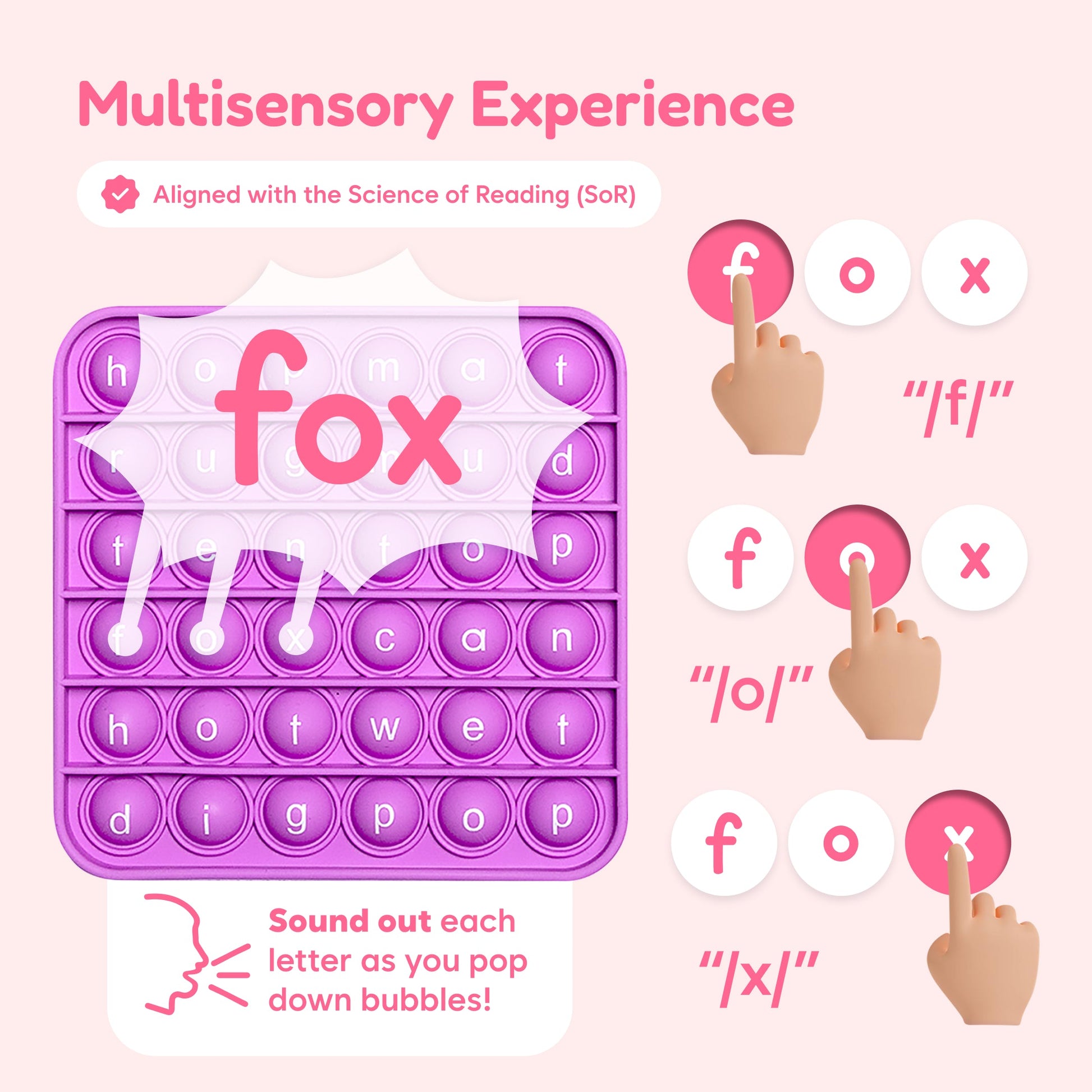 Purple letter pop fidget mat with bubble tiles, finger pressing a raised letter bubble