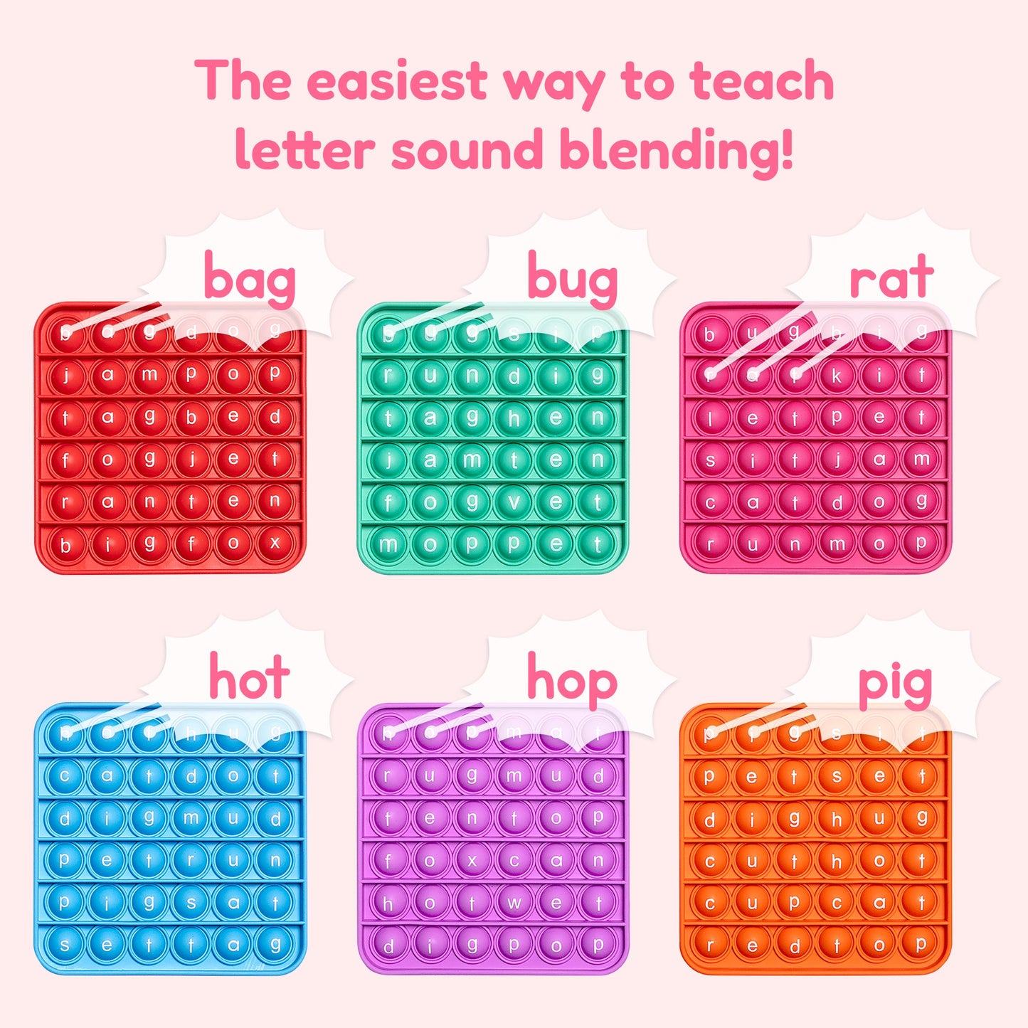 Set of six CVC word letter pop fidget mats in red, teal, pink, blue, purple, and orange