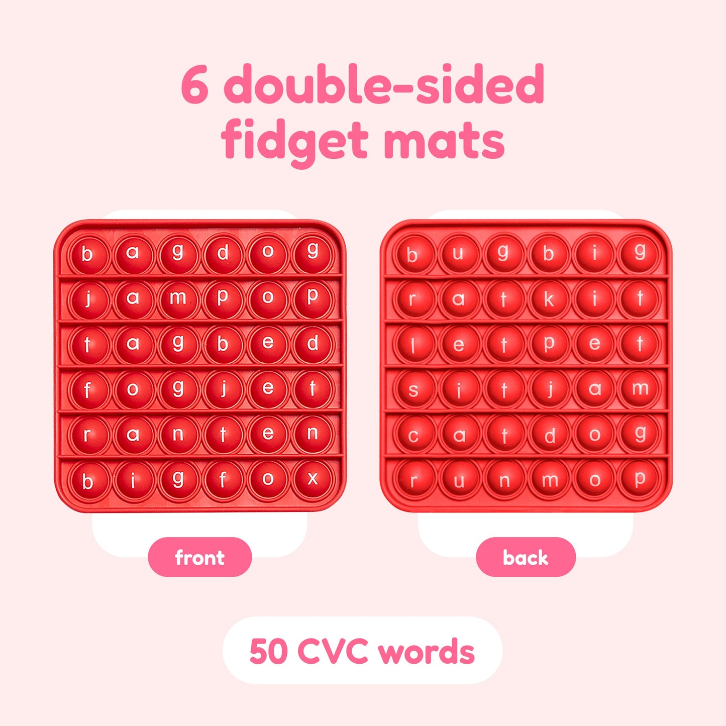 Red double-sided CVC letter pop fidget mat, front and back with bubble tiles