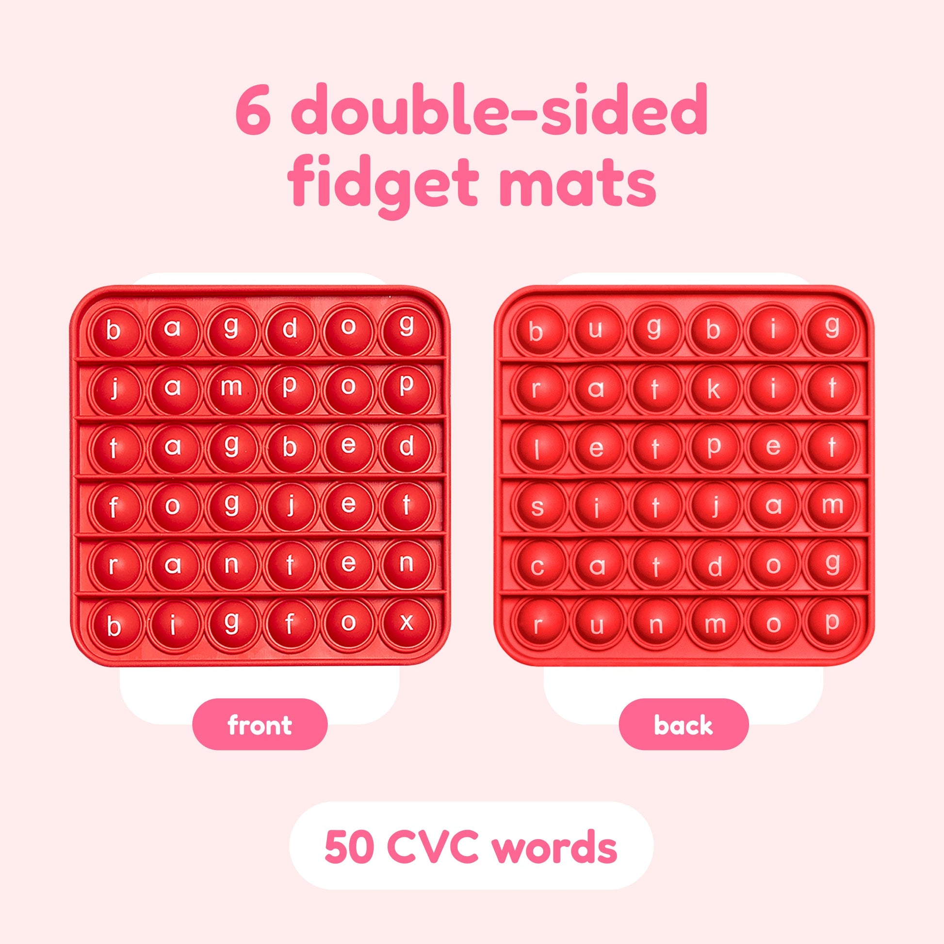 Red double-sided CVC letter pop fidget mat, front and back with bubble tiles