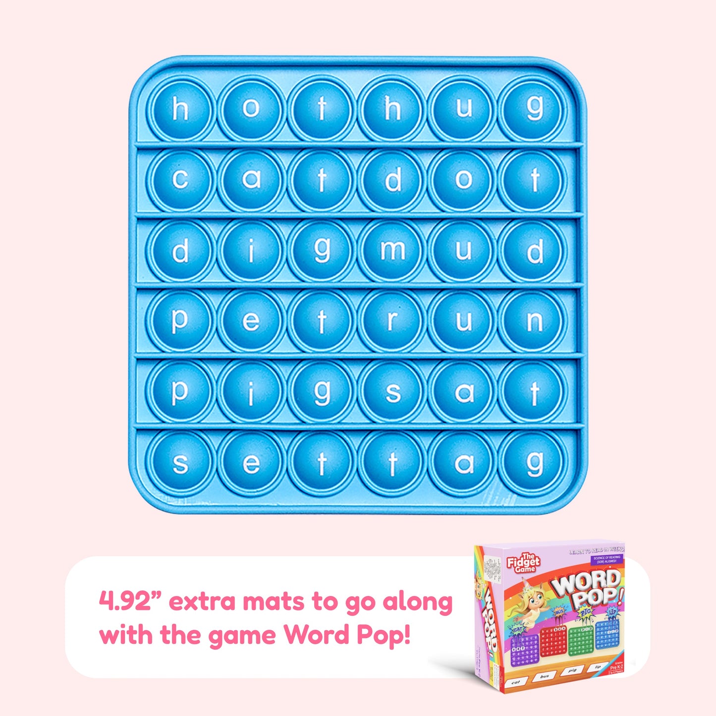 Blue letter pop fidget mat with raised CVC letter bubbles in a square grid