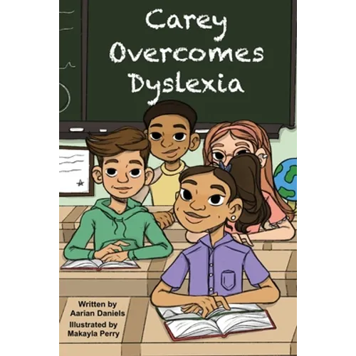 Children’s picture book paperback with illustrated characters and “Carey Overcomes Dyslexia” title