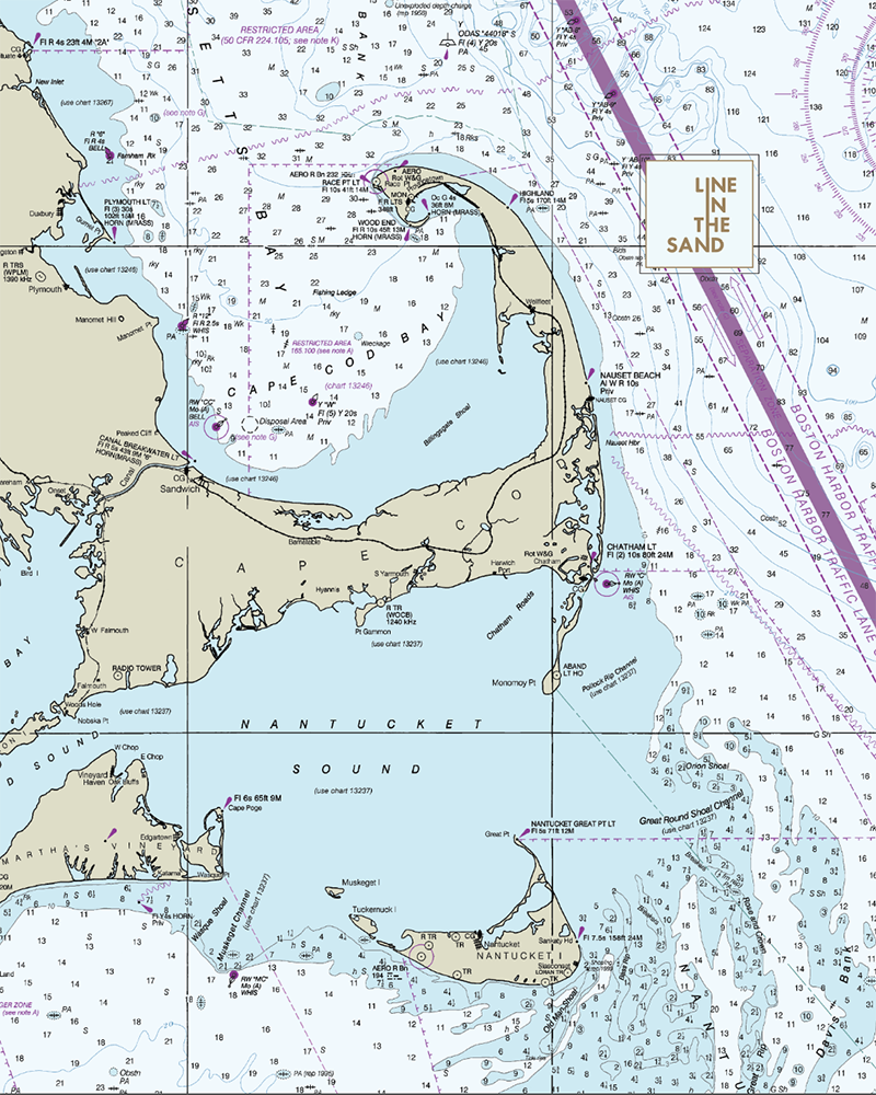 Nautical chart print fabric with blue map waters, purple route lines, and “LINE IN THE SAND” logo