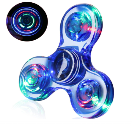 Blue LED fidget spinner with three glowing lenses and rainbow light trails