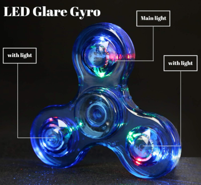 Blue LED glare gyro fidget spinner with four glowing LEDs and main light