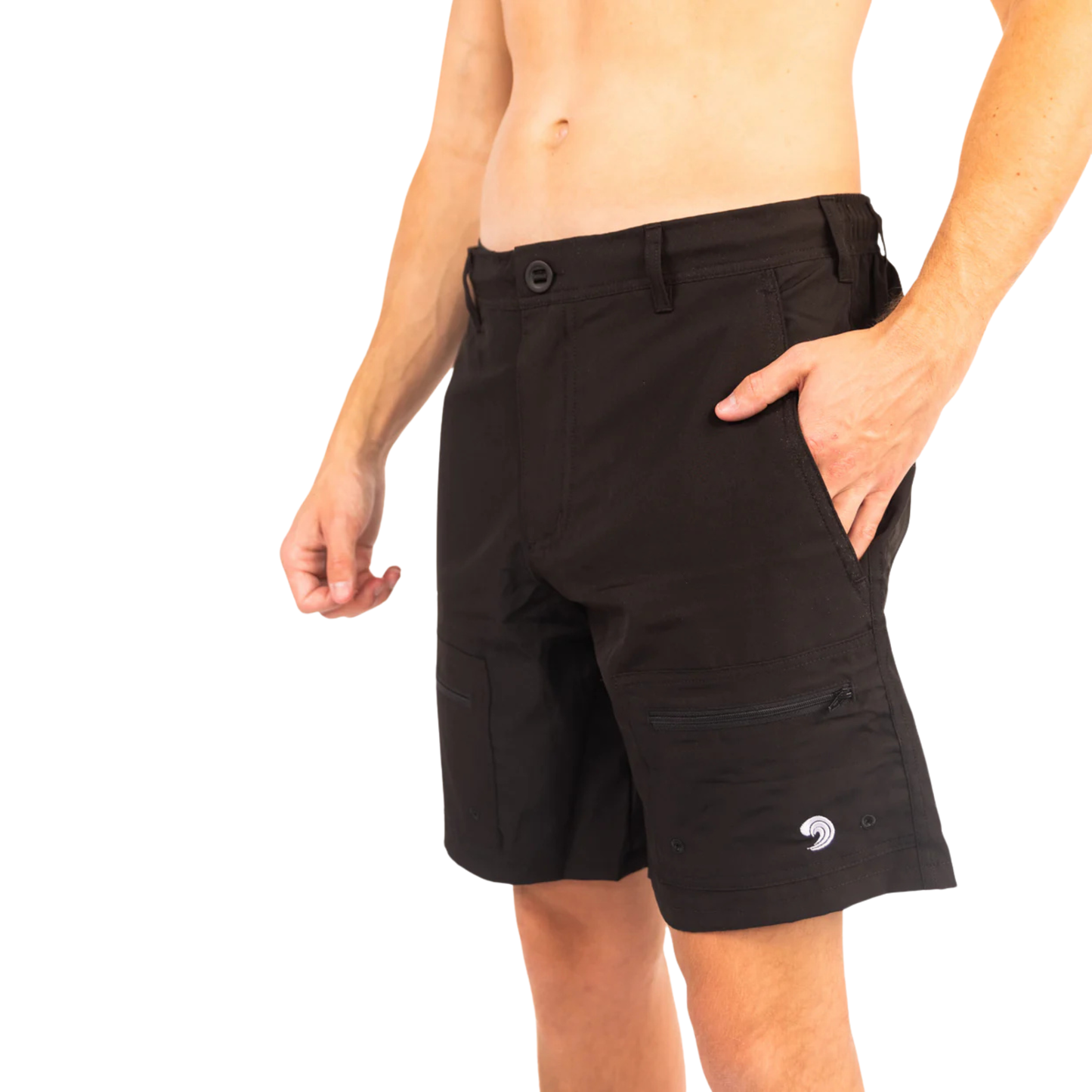 Black waterproof shorts with button waistband and cargo pocket detail