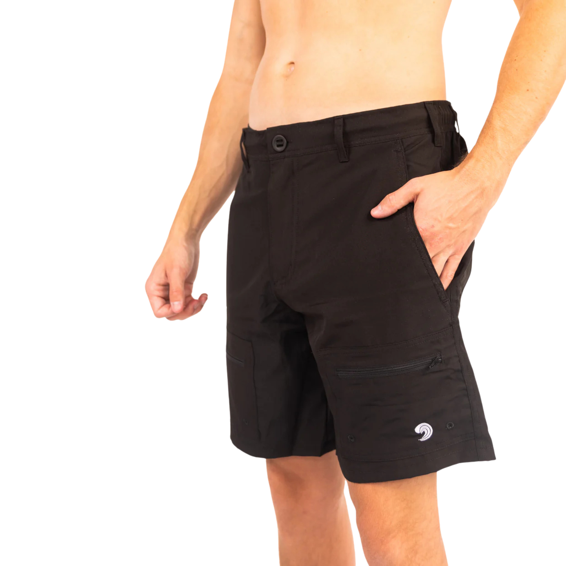 Black waterproof shorts with button waistband and cargo pocket detail
