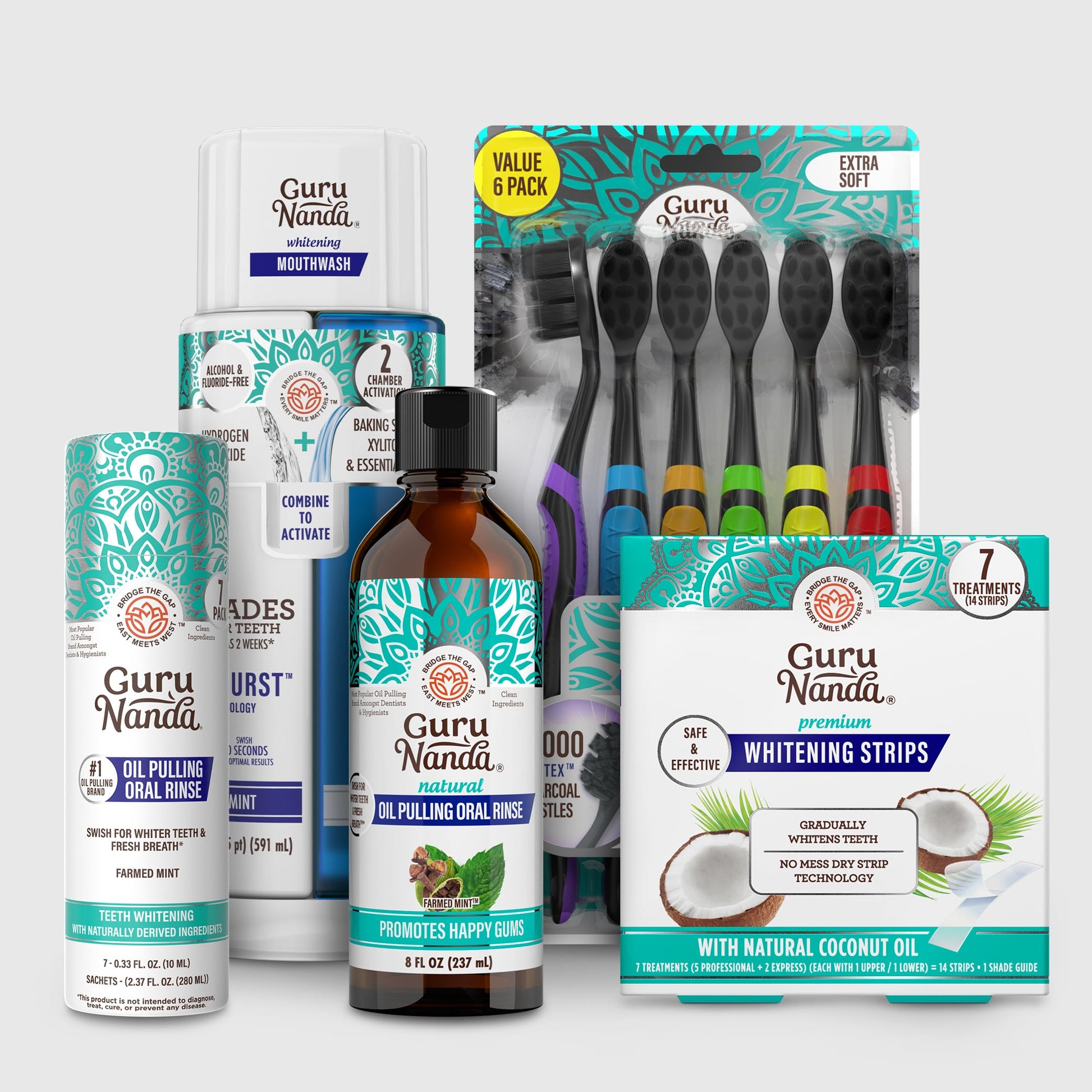 Charcoal oral whitening makeover kit with mouthwash, oil rinse, strips, and brush