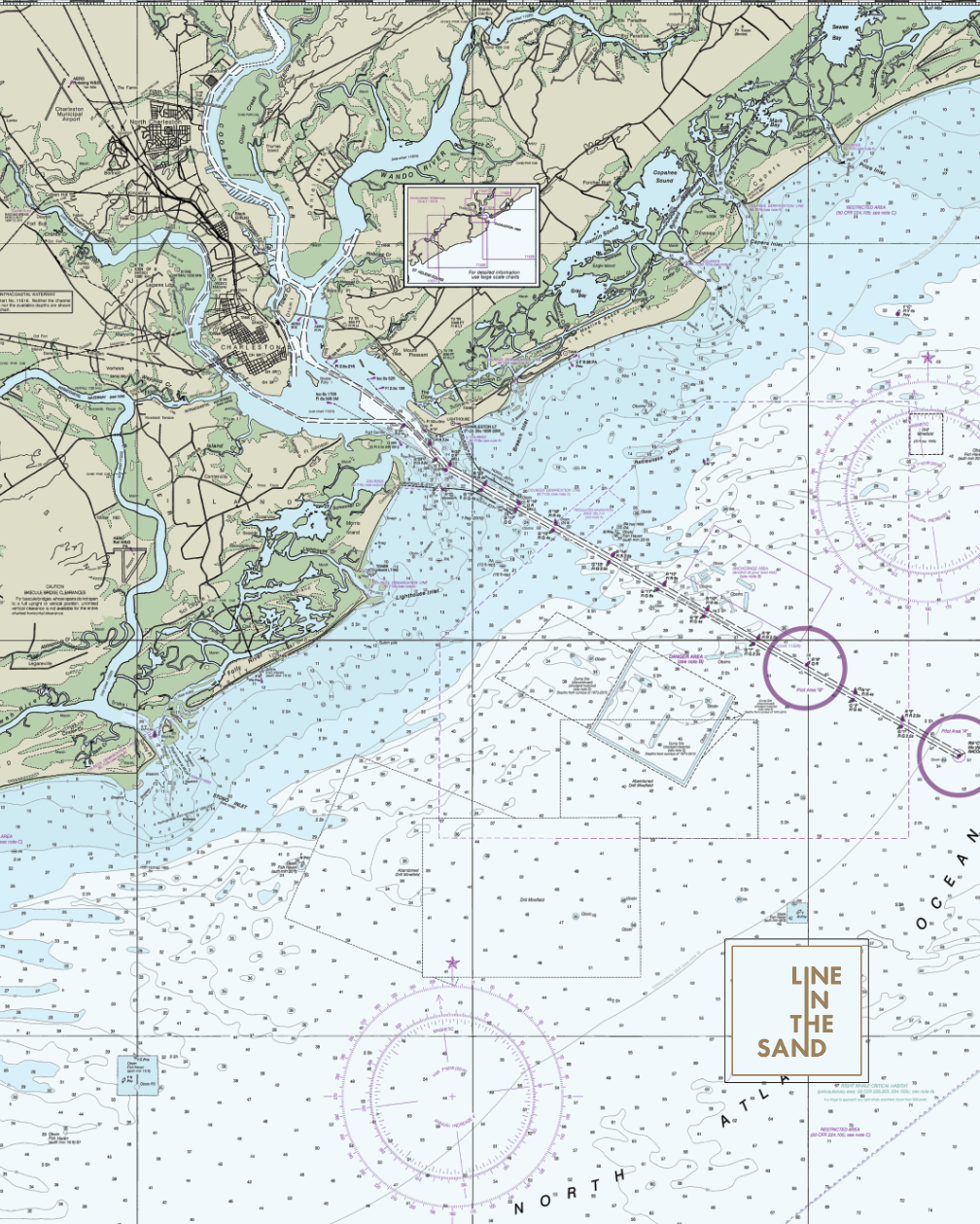 Nautical chart print fabric with coastal map details, purple circles, and “LINE IN THE SAND” logo