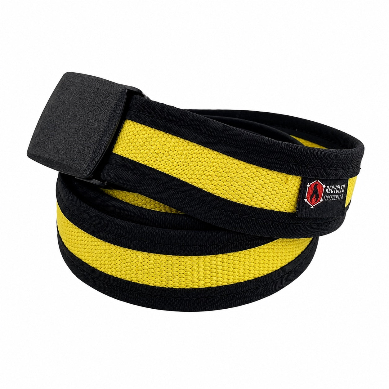 EDC belt with black webbing and yellow woven stripe, rectangular buckle end.