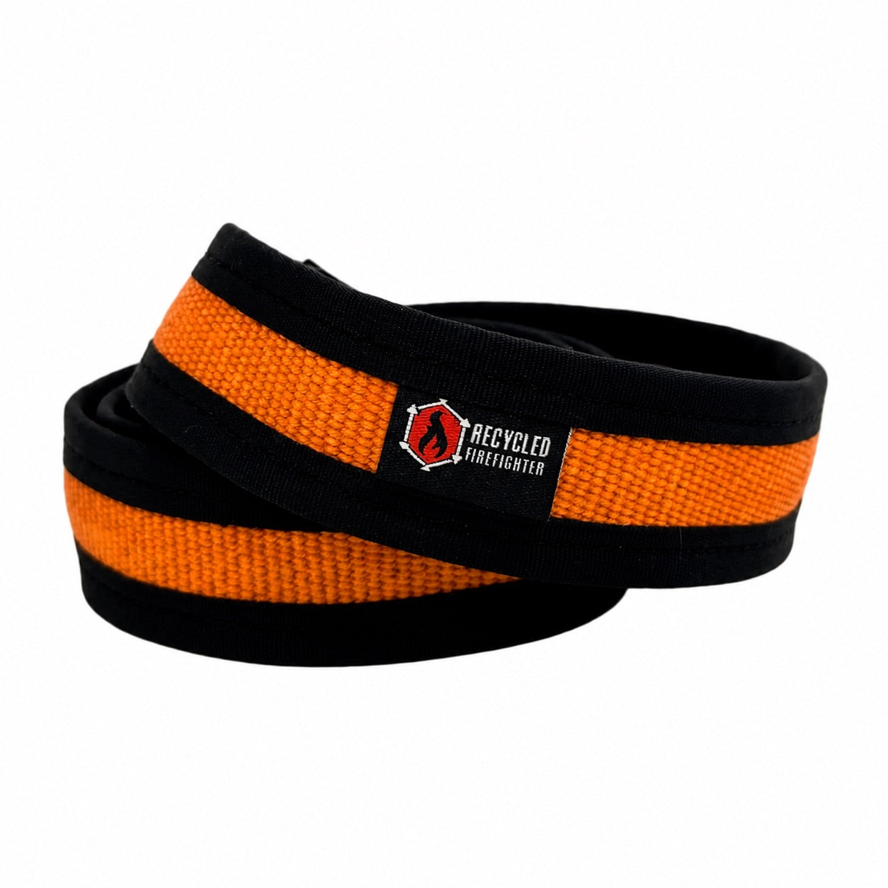 EDC belt with black webbing and orange woven stripe, central logo patch.