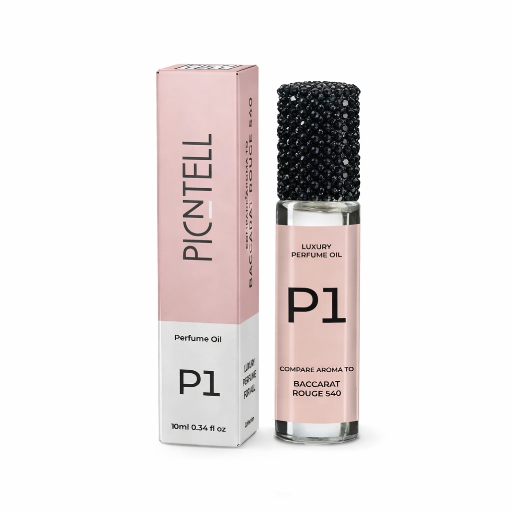 Perfume oil bottle with box, P1 label, bedazzled black cap, 10ml