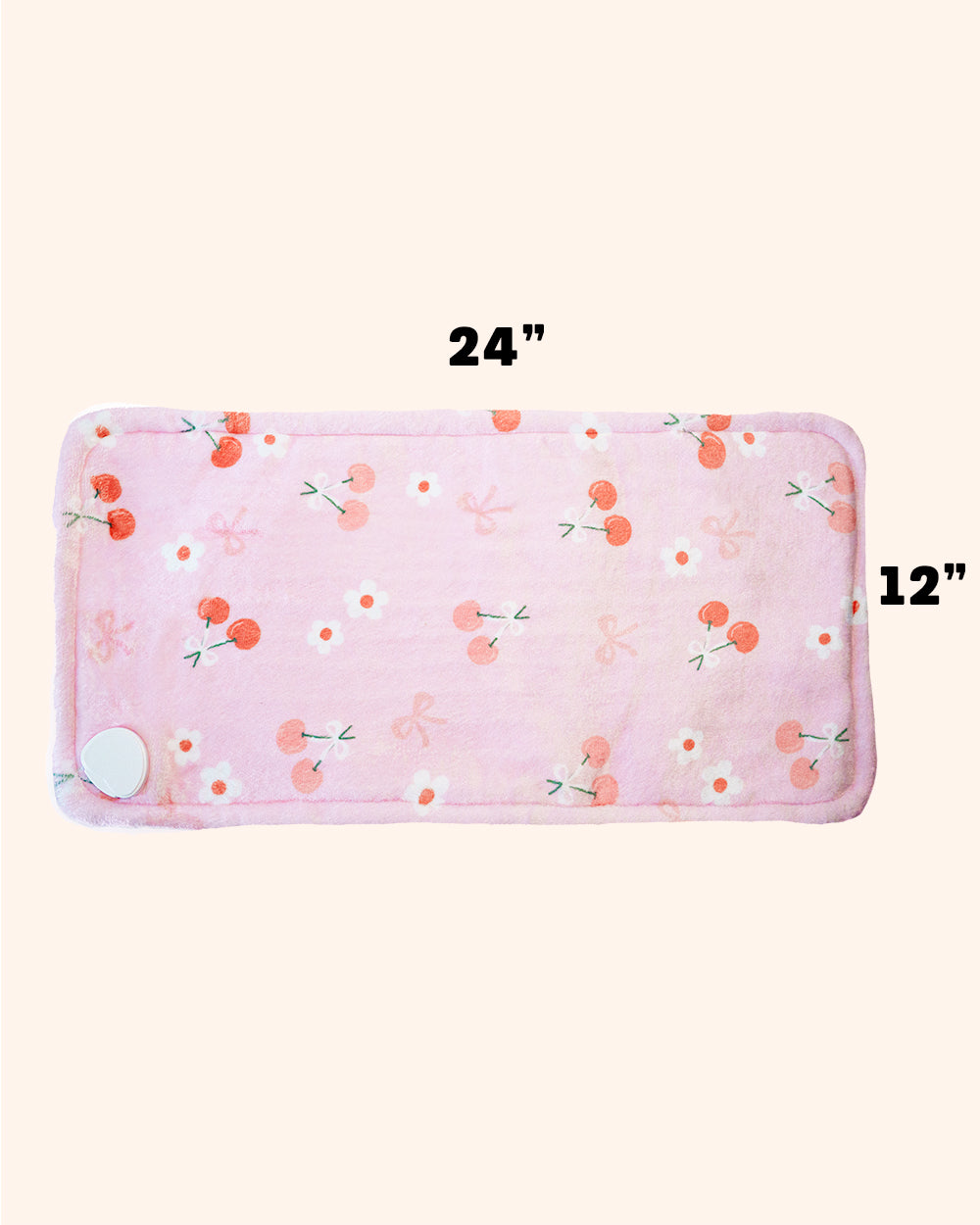 Pink cherry-print heating pad, rectangular size marked 24" x 12"