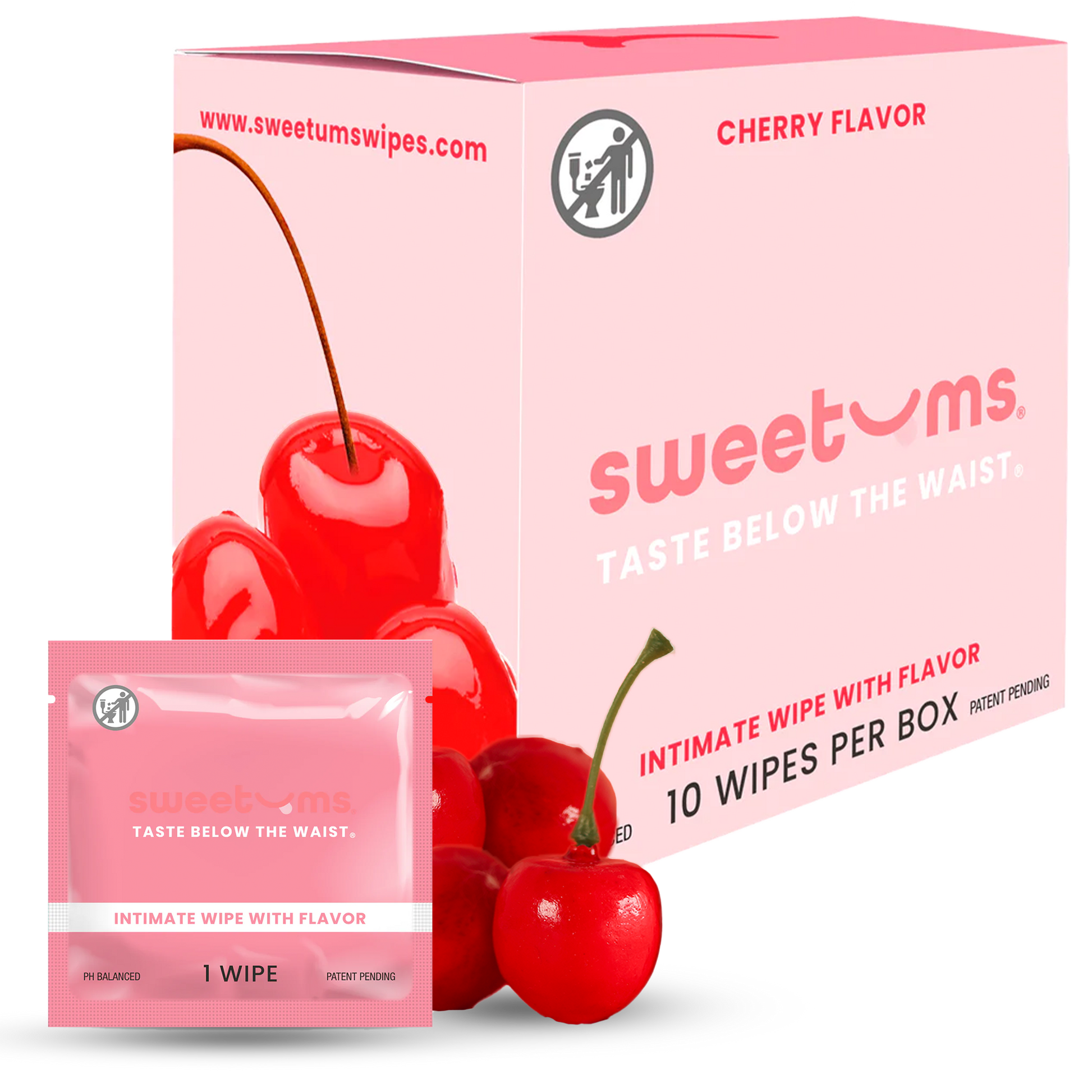 Cherry flavored wipes box with cherry-themed packet and 10 wipes per box