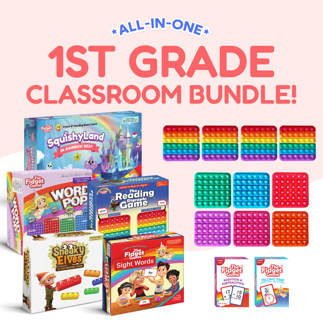 1st grade classroom bundle display with multiple reading games and pop fidget tiles