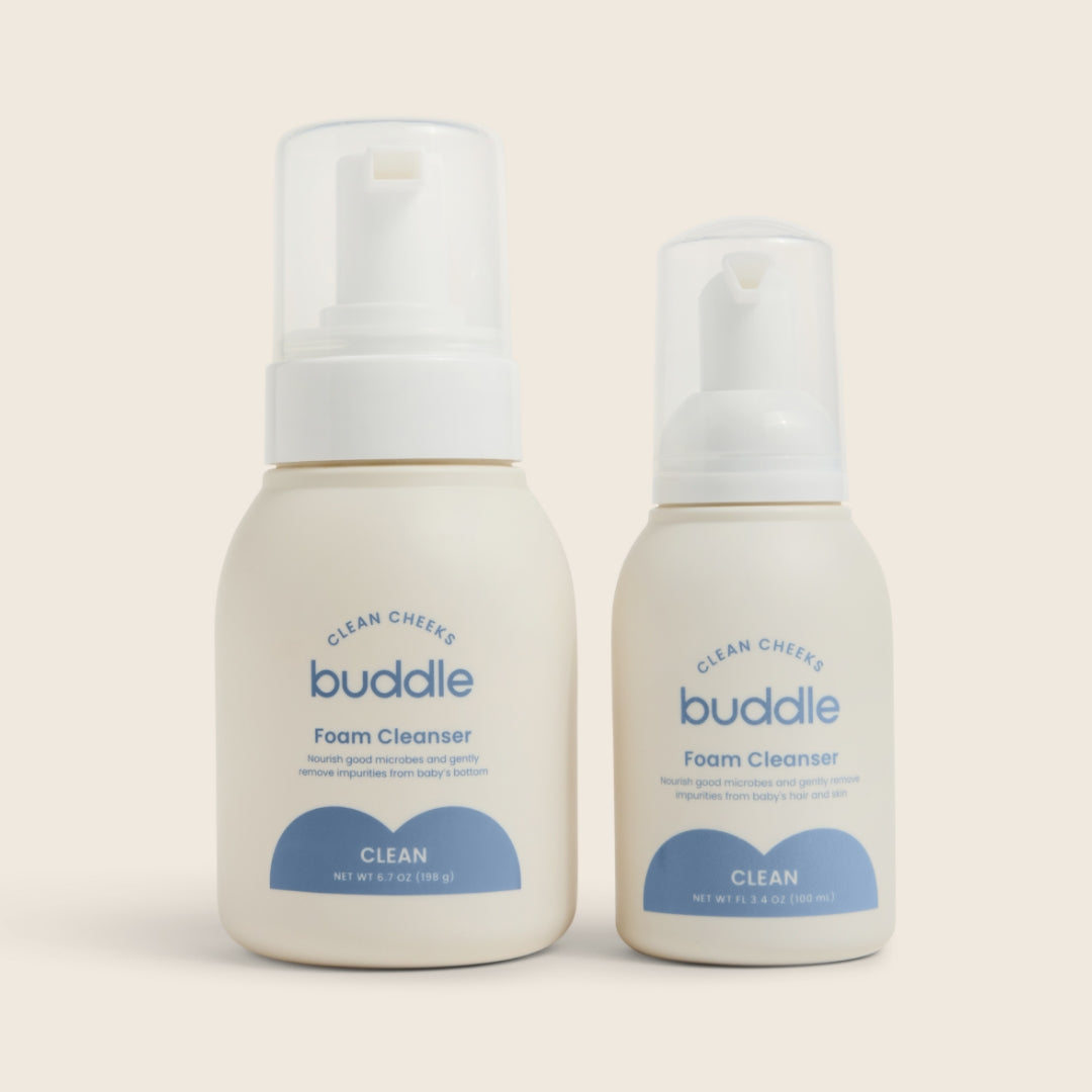 Foam cleanser bundle with two white pump bottles and blue clean labels.