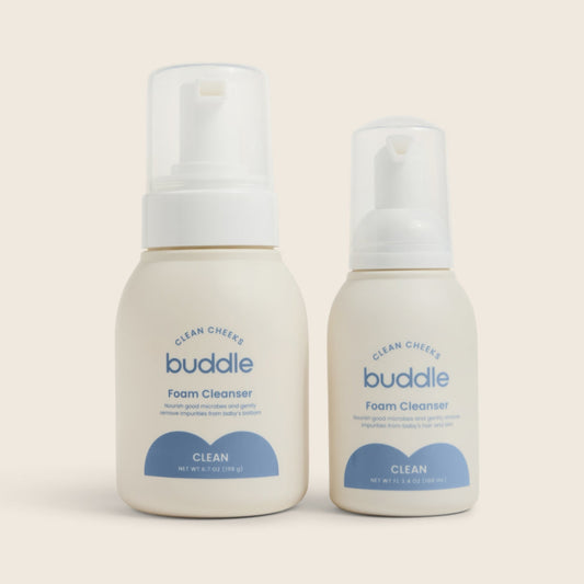 Foam cleanser bundle with two white pump bottles and blue clean labels.
