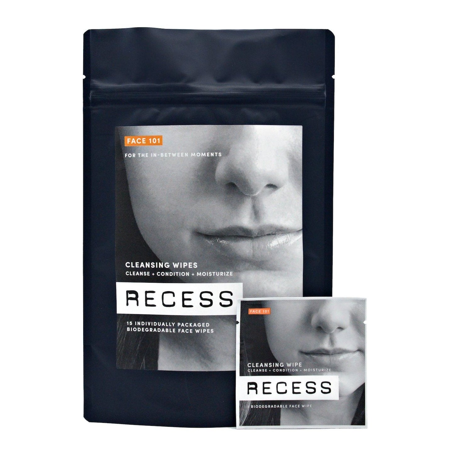 Packaging of Recess cleansing wipes with a black and white image of a person's face on a white background.
