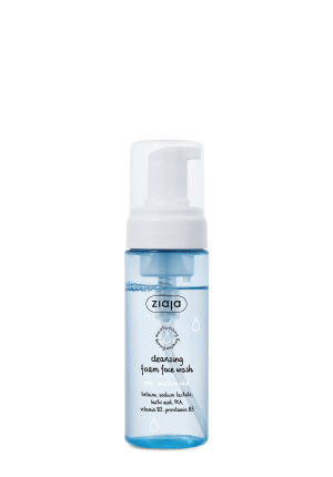 Cleansing foam face wash in clear pump bottle with blue liquid