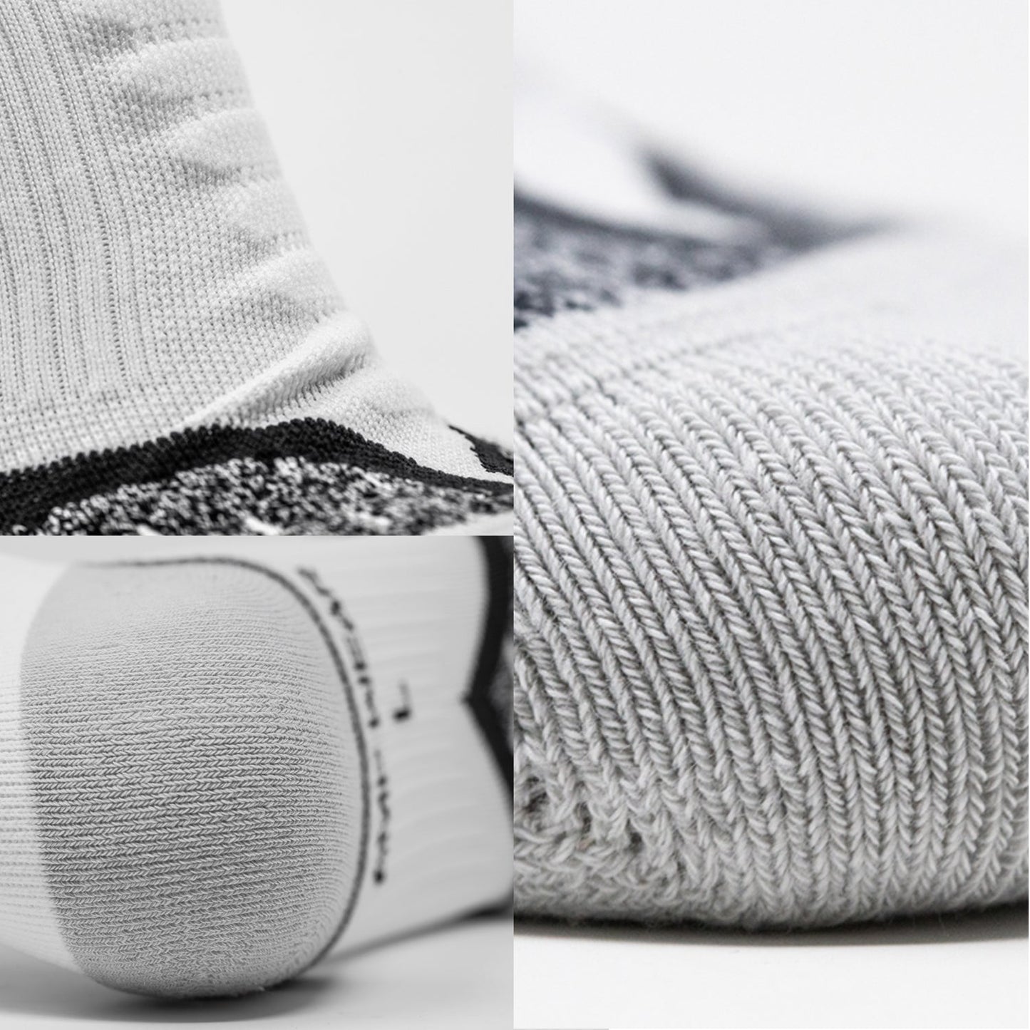 AMP leg compression socks, light gray knit toe with dark heel panel and ribbed texture